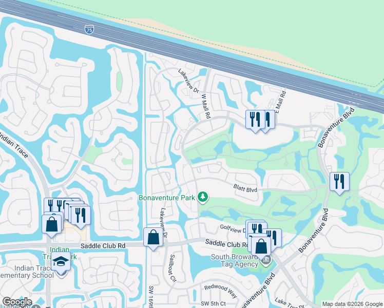 map of restaurants, bars, coffee shops, grocery stores, and more near 16784 Natures Way in Weston