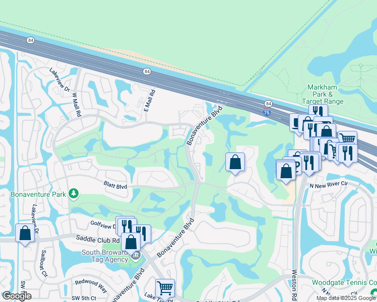 map of restaurants, bars, coffee shops, grocery stores, and more near 100 Bonaventure Boulevard in Weston