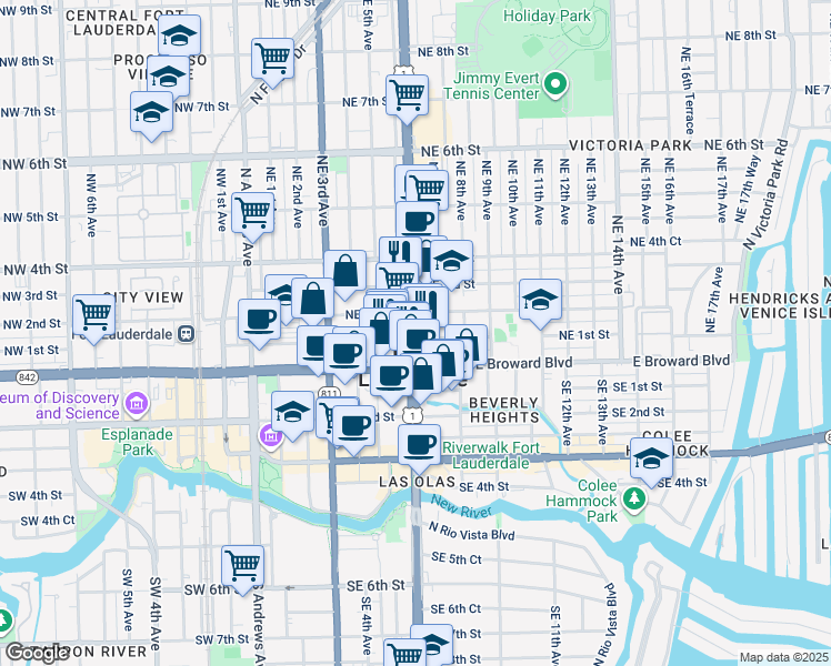 map of restaurants, bars, coffee shops, grocery stores, and more near 171 North Federal Highway in Fort Lauderdale