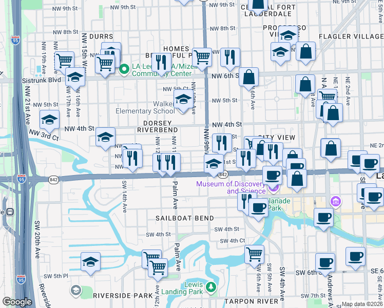 map of restaurants, bars, coffee shops, grocery stores, and more near 1024 South Dixie Court in Fort Lauderdale