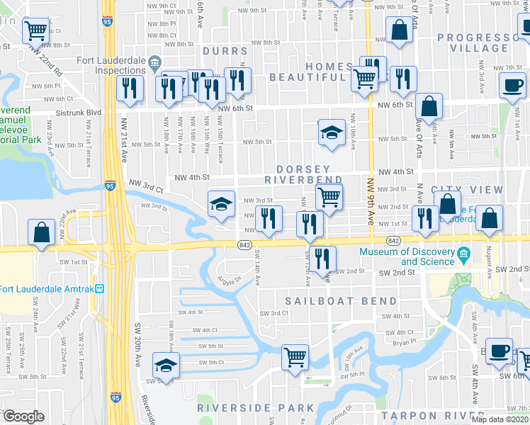map of restaurants, bars, coffee shops, grocery stores, and more near 1408 Northwest 3rd Street in Fort Lauderdale
