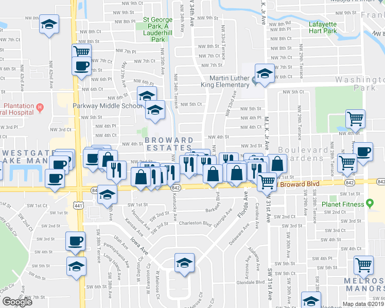 map of restaurants, bars, coffee shops, grocery stores, and more near 3461 Northwest 2nd Street in Fort Lauderdale