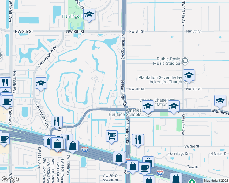 map of restaurants, bars, coffee shops, grocery stores, and more near 12461 Northwest 3rd Street in Plantation