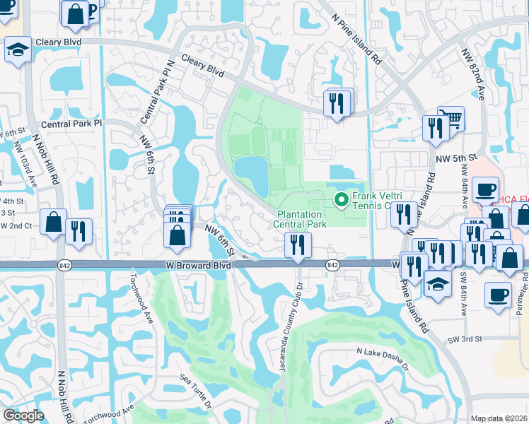 map of restaurants, bars, coffee shops, grocery stores, and more near 9307 Chelsea Drive North in Plantation