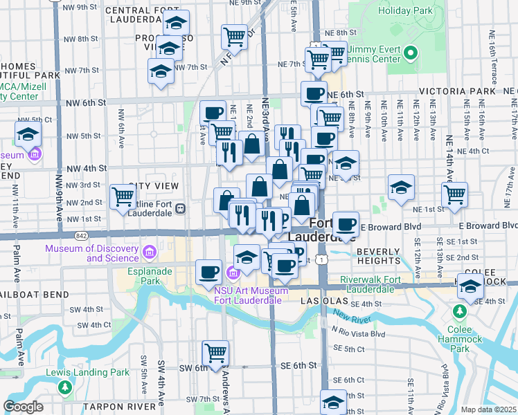 map of restaurants, bars, coffee shops, grocery stores, and more near 115 Northeast 3rd Avenue in Fort Lauderdale