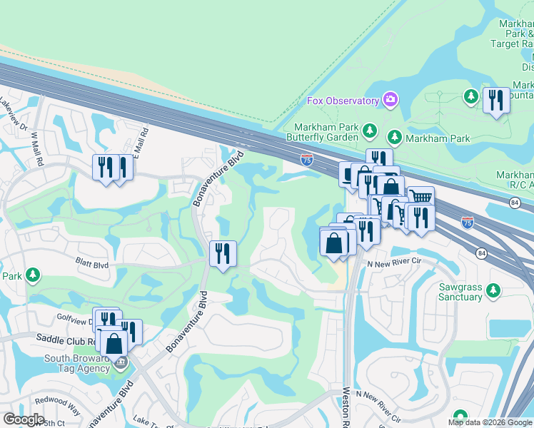 map of restaurants, bars, coffee shops, grocery stores, and more near 16391 Blatt Boulevard in Weston