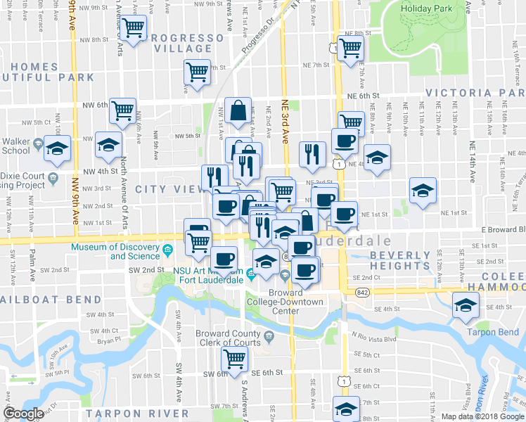 map of restaurants, bars, coffee shops, grocery stores, and more near 200 Northeast 2nd Street in Fort Lauderdale
