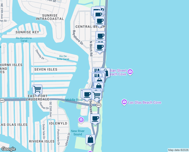 map of restaurants, bars, coffee shops, grocery stores, and more near 100 North Birch Road in Fort Lauderdale