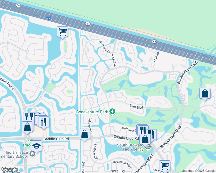 map of restaurants, bars, coffee shops, grocery stores, and more near 16784 Natures Way in Weston
