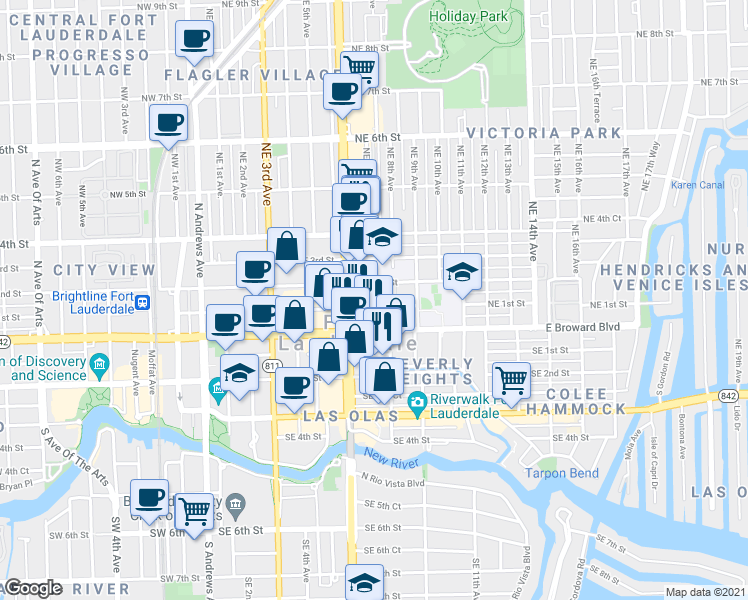 map of restaurants, bars, coffee shops, grocery stores, and more near 706 Northeast 2nd Street in Fort Lauderdale