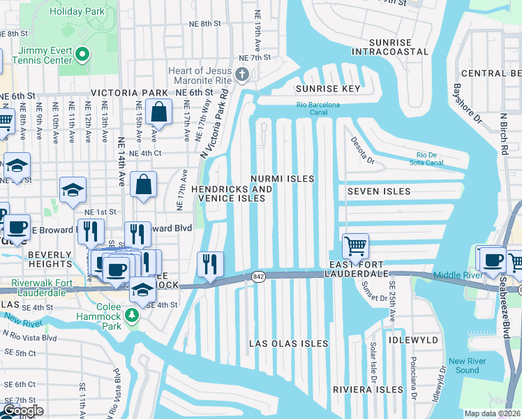 map of restaurants, bars, coffee shops, grocery stores, and more near 93 Isle of Venice Drive in Fort Lauderdale