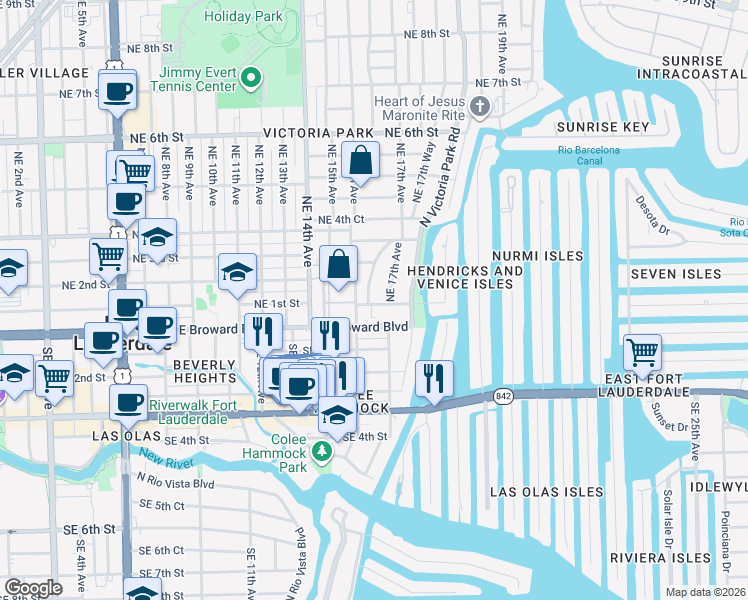 map of restaurants, bars, coffee shops, grocery stores, and more near 113 Northeast 16th Terrace in Fort Lauderdale