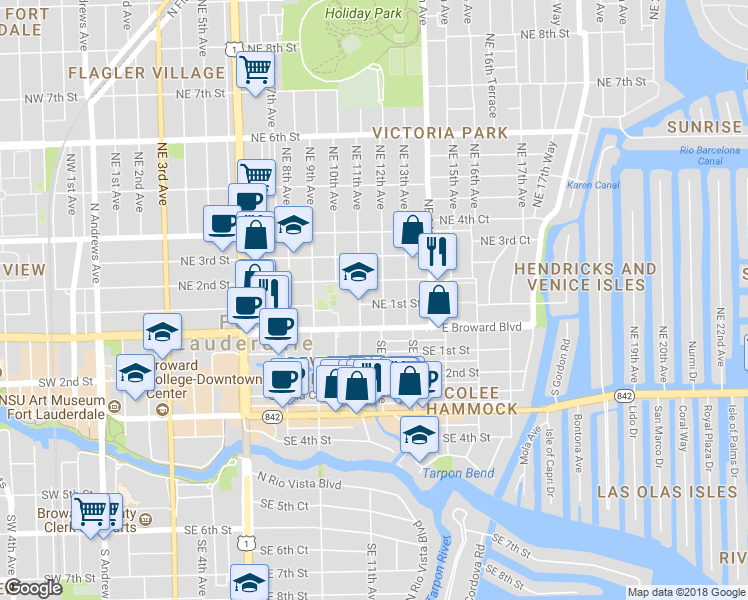 map of restaurants, bars, coffee shops, grocery stores, and more near 115 Northeast 12th Avenue in Fort Lauderdale