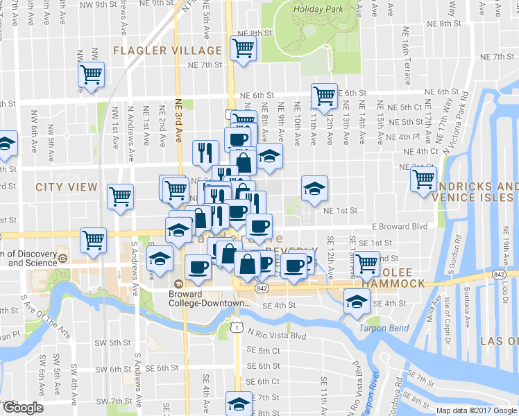 map of restaurants, bars, coffee shops, grocery stores, and more near 706 Northeast 2nd Street in Fort Lauderdale
