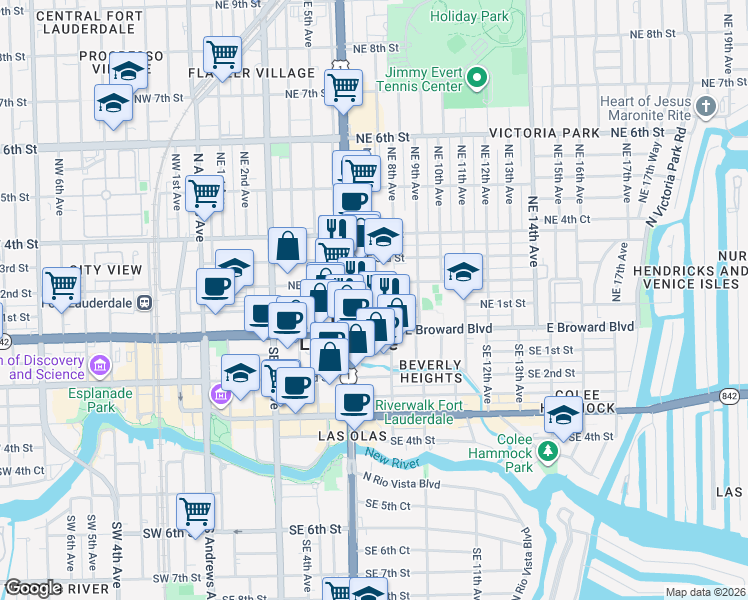 map of restaurants, bars, coffee shops, grocery stores, and more near 706 Northeast 2nd Street in Fort Lauderdale