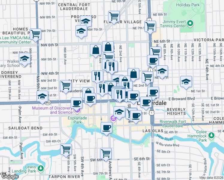 map of restaurants, bars, coffee shops, grocery stores, and more near 2 Northwest 2nd Street in Fort Lauderdale