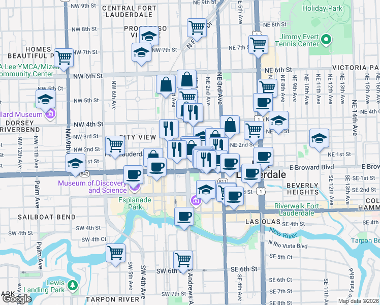 map of restaurants, bars, coffee shops, grocery stores, and more near 2 Northwest 2nd Street in Fort Lauderdale