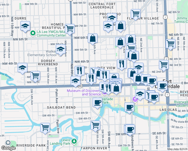 map of restaurants, bars, coffee shops, grocery stores, and more near 121 Northwest 6th Avenue in Fort Lauderdale