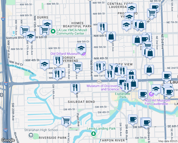 map of restaurants, bars, coffee shops, grocery stores, and more near 906 South Dixie Court in Fort Lauderdale