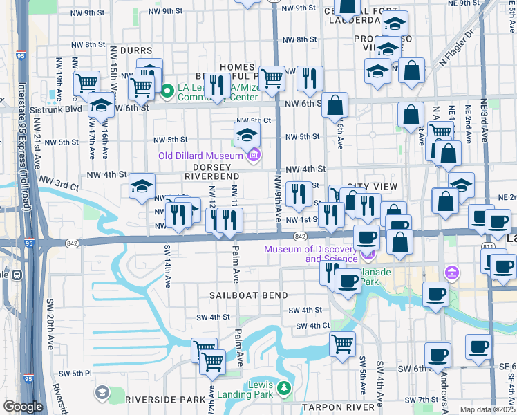 map of restaurants, bars, coffee shops, grocery stores, and more near 1024 South Dixie Court in Fort Lauderdale