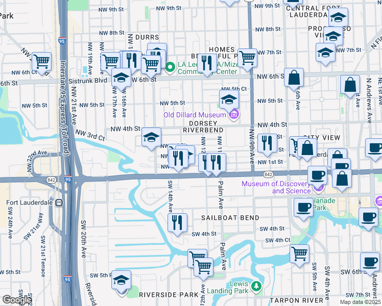 map of restaurants, bars, coffee shops, grocery stores, and more near 1220 Northwest 3rd Street in Fort Lauderdale