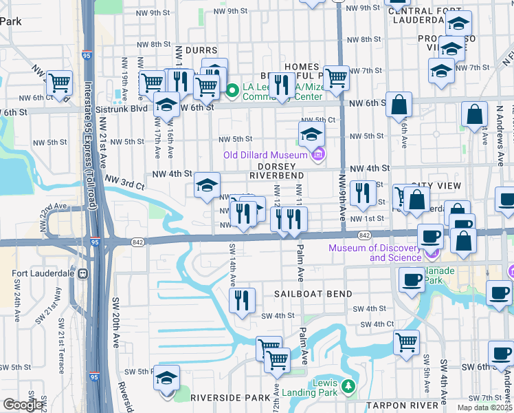 map of restaurants, bars, coffee shops, grocery stores, and more near 1220 Northwest 3rd Street in Fort Lauderdale