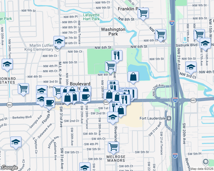 map of restaurants, bars, coffee shops, grocery stores, and more near 205 Northwest 27th Terrace in Fort Lauderdale
