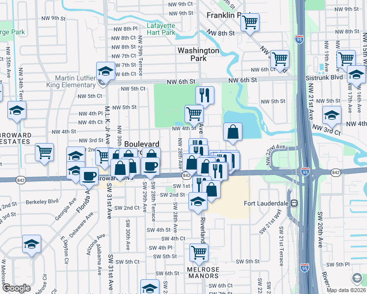 map of restaurants, bars, coffee shops, grocery stores, and more near 205 Northwest 27th Terrace in Fort Lauderdale