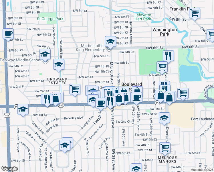 map of restaurants, bars, coffee shops, grocery stores, and more near 3130 Northwest 3rd Street in Fort Lauderdale