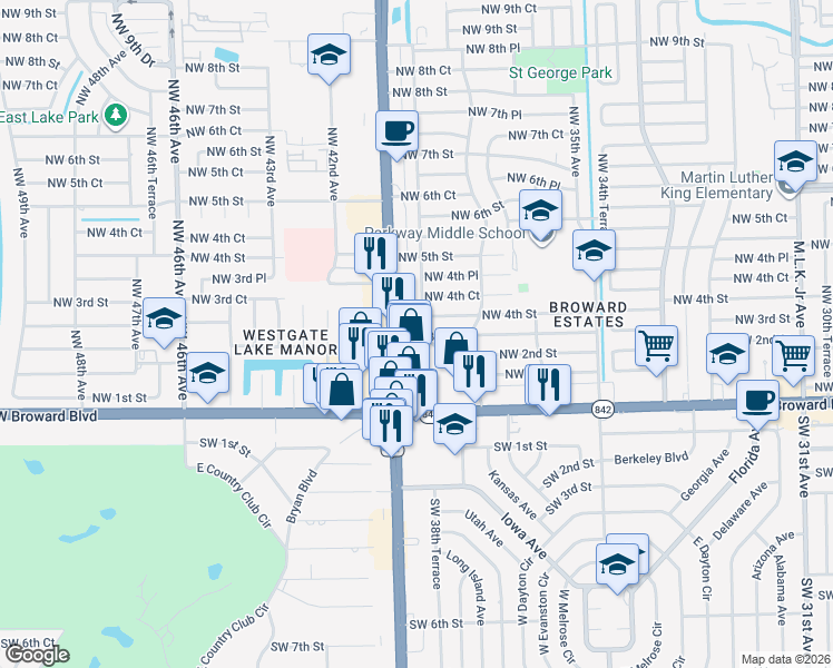 map of restaurants, bars, coffee shops, grocery stores, and more near 3896 Northwest 4th Street in Fort Lauderdale