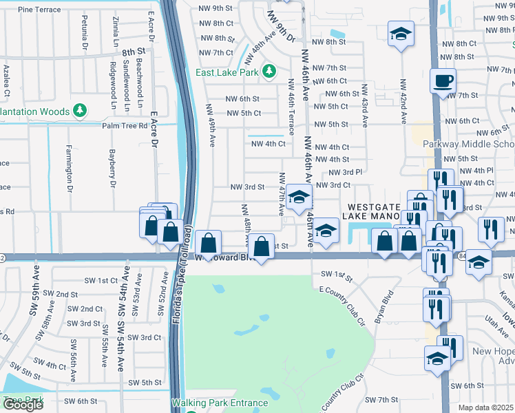 map of restaurants, bars, coffee shops, grocery stores, and more near 4791 Northwest 2nd Place in Plantation