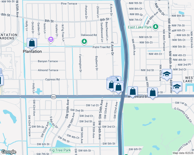 map of restaurants, bars, coffee shops, grocery stores, and more near 217 Bayberry Drive in Plantation