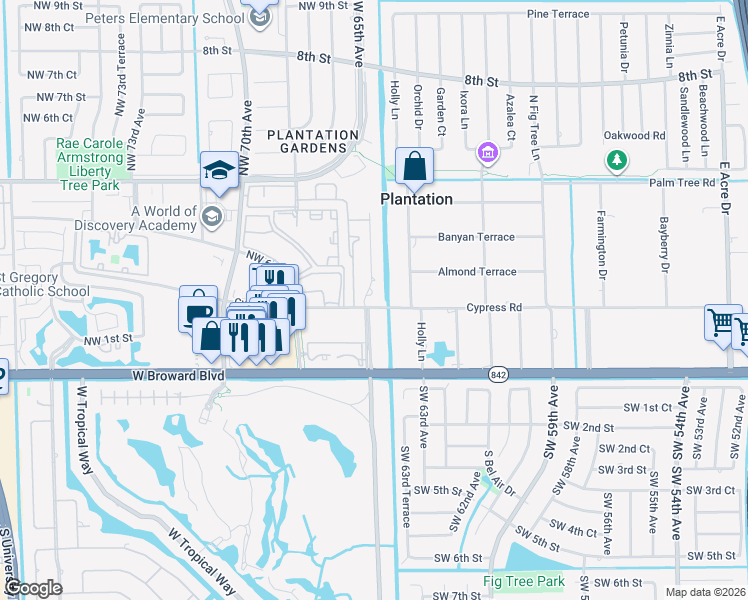 map of restaurants, bars, coffee shops, grocery stores, and more near 220 Holloway Drive in Plantation