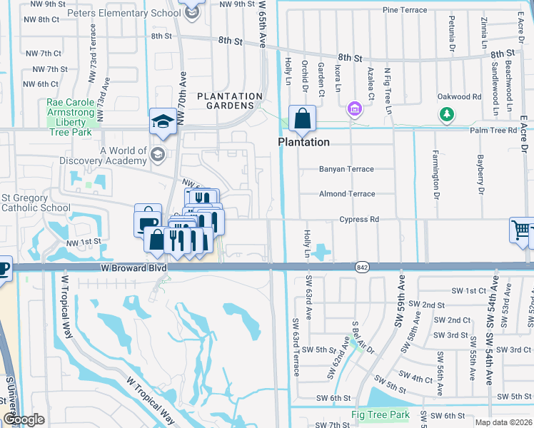 map of restaurants, bars, coffee shops, grocery stores, and more near 220 Holloway Drive in Plantation