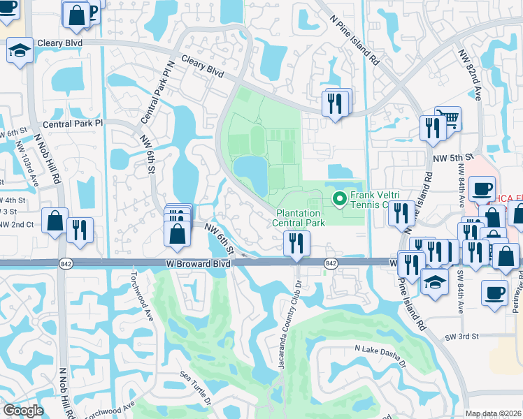 map of restaurants, bars, coffee shops, grocery stores, and more near 9307 Chelsea Drive North in Plantation