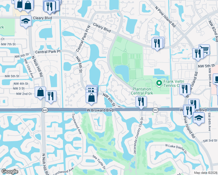 map of restaurants, bars, coffee shops, grocery stores, and more near 9435 Chelsea Drive South in Plantation