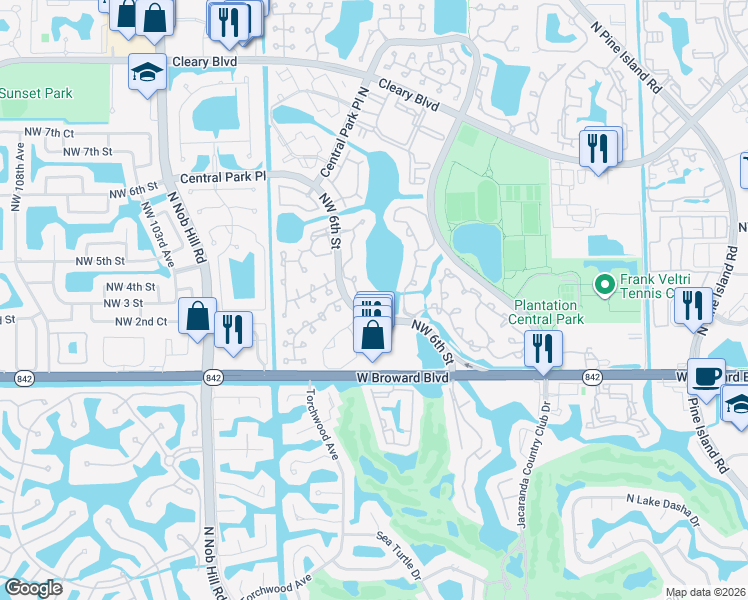 map of restaurants, bars, coffee shops, grocery stores, and more near 268 Northwest 97th Avenue in Plantation