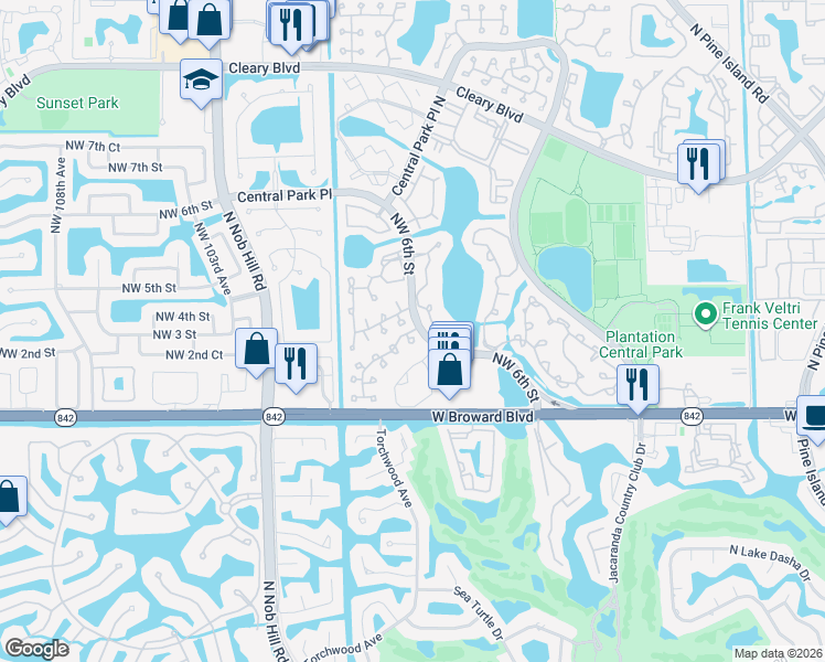 map of restaurants, bars, coffee shops, grocery stores, and more near 9804 Northwest 2nd Court in Plantation