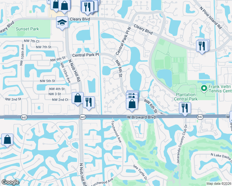 map of restaurants, bars, coffee shops, grocery stores, and more near 9804 Northwest 2nd Court in Plantation