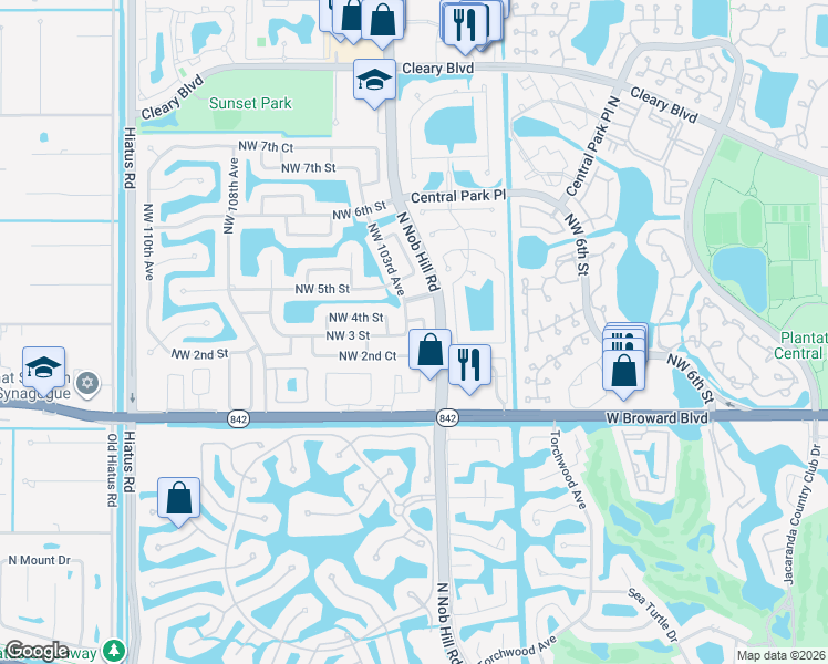 map of restaurants, bars, coffee shops, grocery stores, and more near 347 Northwest 102nd Terrace in Plantation