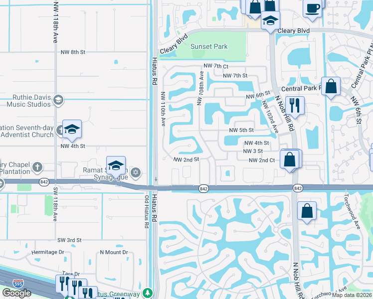 map of restaurants, bars, coffee shops, grocery stores, and more near 10941 Northwest 3rd Street in Plantation
