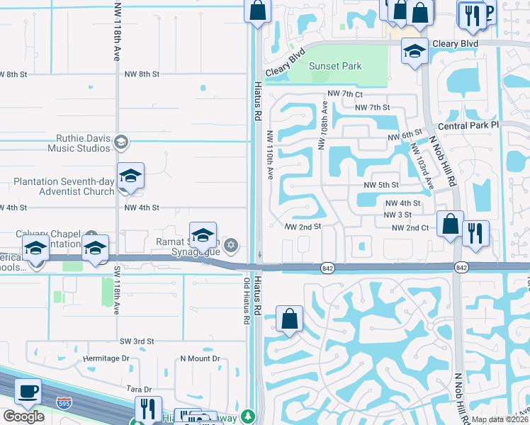 map of restaurants, bars, coffee shops, grocery stores, and more near 340 Northwest 110th Avenue in Plantation