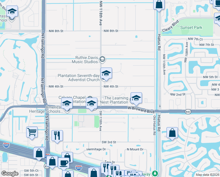 map of restaurants, bars, coffee shops, grocery stores, and more near 11680 Northwest 4th Street in Plantation