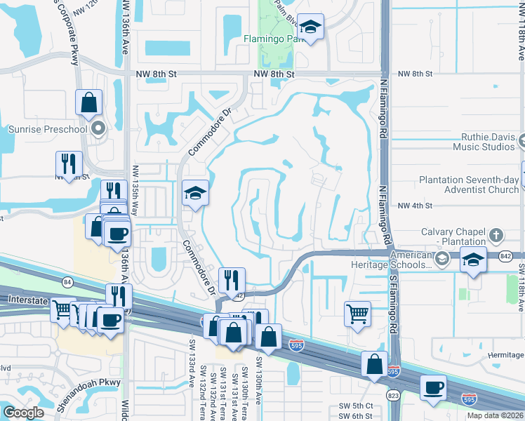 map of restaurants, bars, coffee shops, grocery stores, and more near 13061 Northwest 3rd Street in Plantation