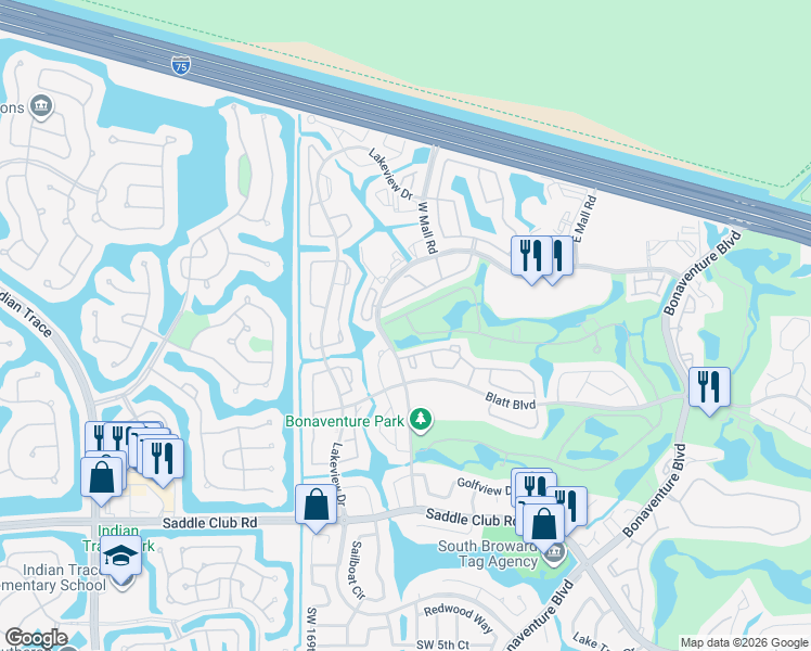 map of restaurants, bars, coffee shops, grocery stores, and more near 16784 Natures Way in Weston