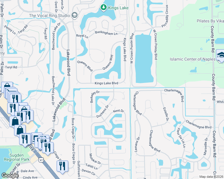 map of restaurants, bars, coffee shops, grocery stores, and more near 2437 Kings Lake Boulevard in Naples