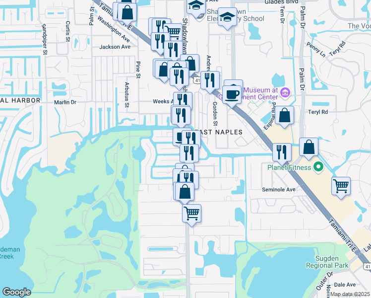 map of restaurants, bars, coffee shops, grocery stores, and more near 2869 Shoreview Drive in Naples