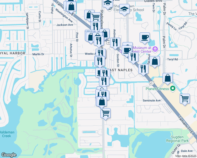 map of restaurants, bars, coffee shops, grocery stores, and more near 2869 Shoreview Drive in Naples