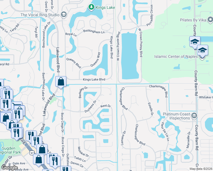map of restaurants, bars, coffee shops, grocery stores, and more near 2437 Kings Lake Boulevard in Naples