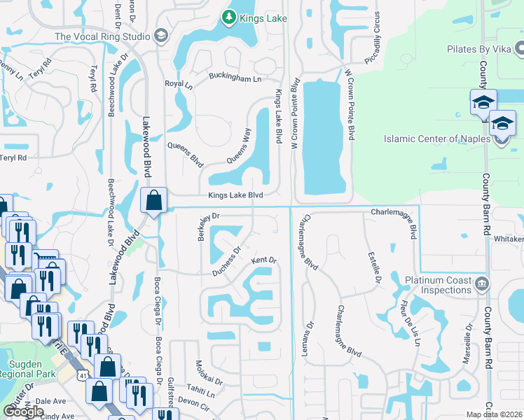 map of restaurants, bars, coffee shops, grocery stores, and more near 2437 Kings Lake Boulevard in Naples